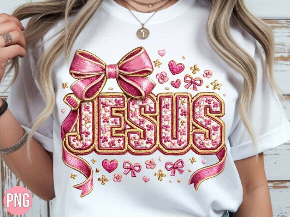 Jesus Embroidery Pink Flower Bow PNG Review